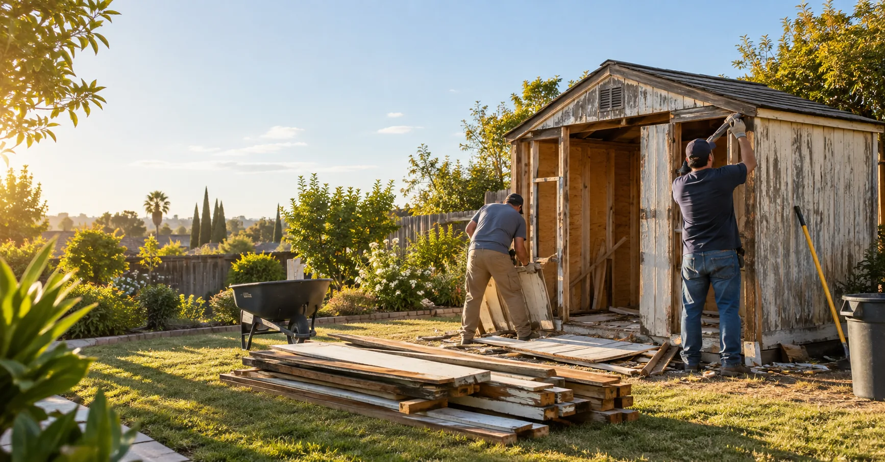 Illustrative scene of a wooden garden shed being dismantled in a backyard